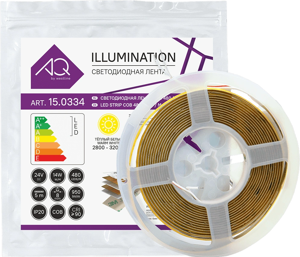 Лента светодиодная AQ LED-LINE COB 480 LED/м 24V 14W/м 8 мм IP20 теплый белый 5 м