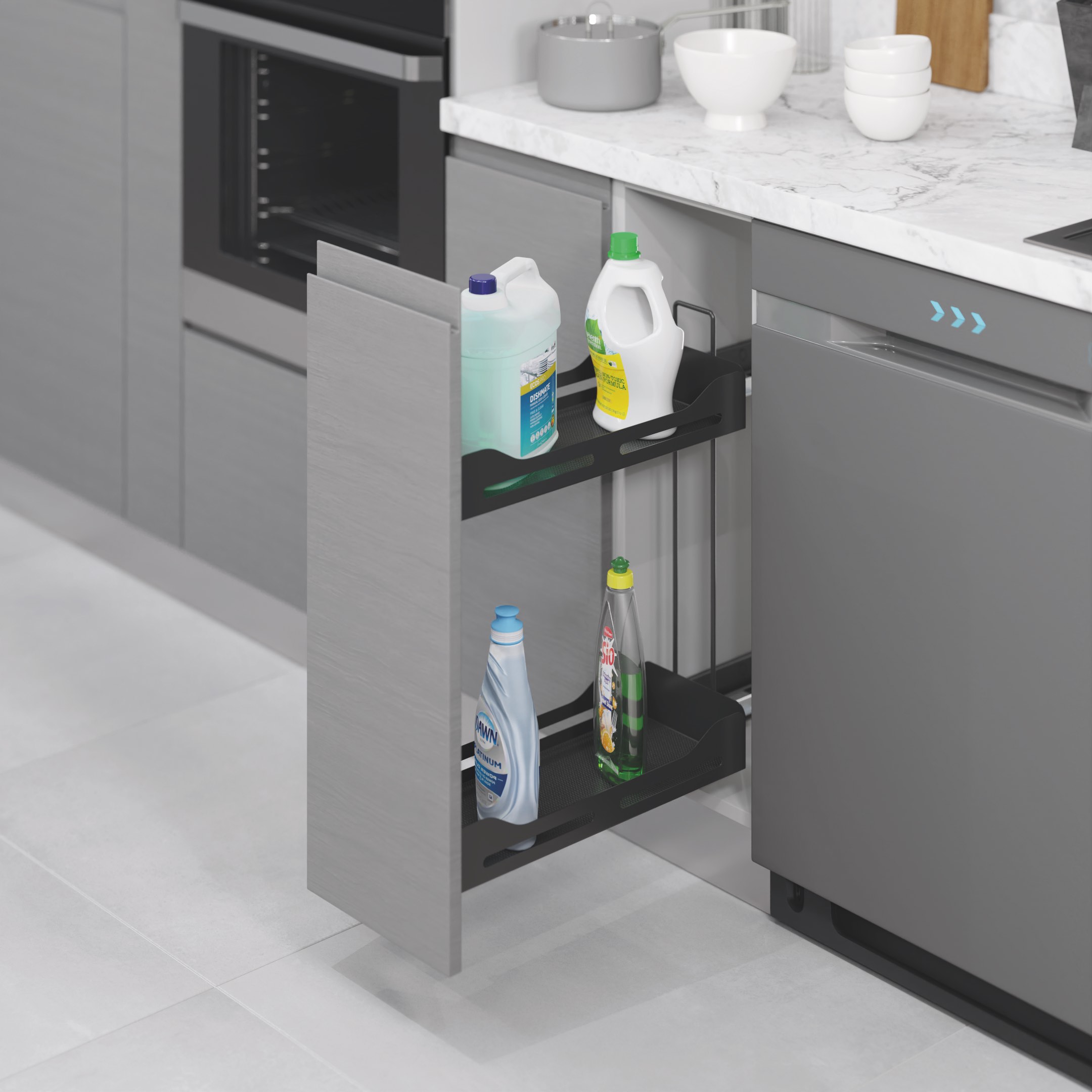 Корзина для моющих средств, Правая 250мм, Антрацит#/Unique Slim Detergent Holder With Undermount Rai
